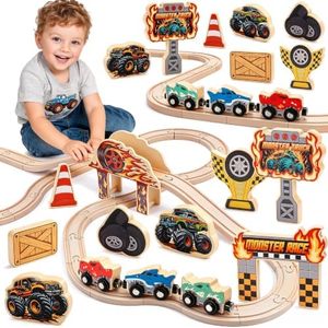 Monster Truck Wooden Train Set for Boy 3-5, Birthday Gifts Toys for 2 3 4 5 Year Old Toddler Boys, Educational Railway Gift Toy for Kids Ages 2-4, 32PCS Monster Trucks Wood Race Track with Storage Box