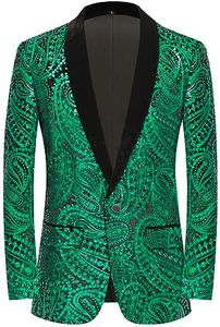 PYJTRL Men's Shiny Sequins Suit Jacket Classic Floral Suit Jacket Fashion,Suitable for Parties,Weddings,Banquets,Proms,Green,L
