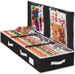 Criusia Wrapping Paper Organizer Storage, Durable Underbed Storage Container Fits 24 Rolls, with Removable Dividers and Pockets for Ribbon, Ornaments, Holiday Accessories, Black
