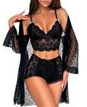 RSLOVE Sexy Lingerie Robe Set - 3 Piece Women's Lingerie Lace Floral Robe with Bra and Panty Set Babydoll Sheer Sleepware Nightgown Black Medium