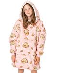 Pusheen Oversized Blanket Hoodie Kids | Girls Tabby Cat Snacks Fluffy Sherpa Fleece Pullover Vuddie | One Size Sweatshirt With Big Pocket Pink