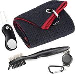 Mile High Life Microfiber Waffle Pattern Golf Towel | Club Groove Cleaner Brush | Foldable Divot Tool with Magnetic Ball Marker (Black w/red Towel/Brush/Curve Divot)