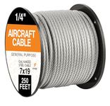 Xpose Safety 7 x 19 Galvanized Steel Aircraft Cable Wire - 1/4-250' Reel - 7,000 lb Break Strength Rope for Pulley System or Winch Loop - Marine Wire, Cable/Deck Railing, Fencing, Zipline -