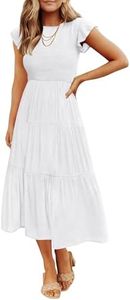 ZESICA Women's 2023 Summer Casual Flutter Short Sleeve Crew Neck Smocked Elastic Waist Tiered Midi Dress, White, Medium