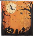 Juvale Halloween Bathroom Shower Curtain with Hooks, Spooky Curtain with Full Moon, Witches, Bats, Gnarled Trees, Gravestones and Pumpkins Design (Orange, Black, 72 x 72 in)