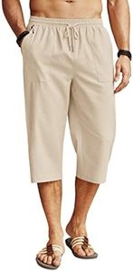 COOFANDY Men's Linen Capri Pants Casual Lightweight Loose Fit 3/4 Shorts Elastic Waist Drawstring Beach Shorts with Pockets Beige