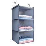 IsHealthy Easy Mount 3-Shelf Hanging Closet Organizer,Collapsible Hanging Closet Shelves Storage Organizer,Clothes Handbag Shoes Accessories Storage, Washable Oxford Cloth Fabric, Gray