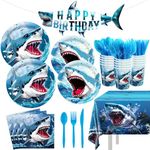 170pcs Shark Party Supplies Shark Paper Plates Napkins Under the Sea Birthday Party Tableware Set Disposable Cups Tablecloth for Boy's Shark Theme Birthday Party Decorations