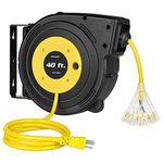 DEWENWILS 40FT Retractable Extension Cord Reel, Heavy Duty Power Cord Reel with 3-Lighted Triple Outlets, 12AWG/3C SJTOW Cord, 15A Circuit Breaker, Wall/Ceiling Mounted, UL Listed, Yellow