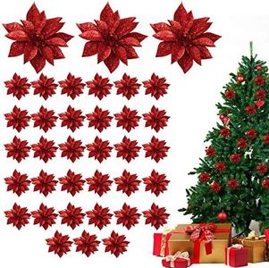 Fleurs Artificielles Poinsettia (Lot de 36) - Décoration de Noel Poinsettia Rouge Brillante pour les Guirlandes et les Couronnes - Fausse Fleurs pour Décoration de Sapin de Noel et Loisirs Créatifs
