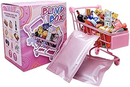 Balayahao Mini Shopping Cart, Mixed Pretend Play Food with Mini Grocery Food Drinks Toys, Playfood Box Tiny Bottles Dessert Educational Toy for Dollhouse Kitchen