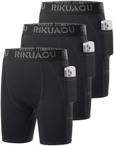 RIKUAOU Youth Boys Compression Shorts with Side Pockets, Kids Athletic Base Layers Running Underwear for Baseball Football