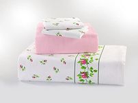 NZ Rose Bud Floral Pattern Flannelette 100% Natural Brushed Cotton Thermal Fitted and Flat Sheet Set With Pillowcases (Pink, Single Size Sheet Set)