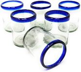 Hand Blown Mexican Drinking Glasses – Set of 6 Tumbler Glasses with Cobalt Blue Rims (10 oz Each)