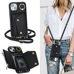 ELTEKER Compatible with iPhone 14 Crossbody Phone Case with Neck Strap Lanyard Card Holder, Wallet Case for Women with Ring Stand Leather Flip Cover Case for iPhone 14 (6.1Inch) - Black