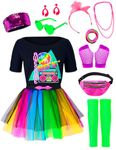 Spooktacular Creations Rainbow 80s Costume Set Fancy Dress with T-Shirt Tutu Headband Halloween Cosplay Accessories(Large)