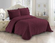 Fancy Linen 3pc Embossed Coverlet Bedspread Set Oversized Bed Cover Solid Floral Daisy Pattern New # Allis (Full/Queen, Burgundy)