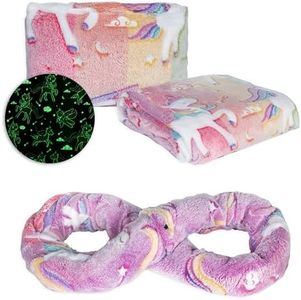 NAPRO Kids 3-in-1 Travel Blanket and Pillow Combo, Convertible Infinity Scarf, Lightweight Neck Support for Airplane, Car & Camping, Glow-in-The-Dark - Unicorn