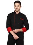 G-Apparels Men's Double Breasted Black Chef Coat Professional Red Piping, Poly Cotton (XL)