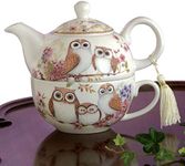 Bits and Pieces Home and Kitchen Décor-Tea for One Owls Porcelain Teapot and Cup - Adorable Owl Design with Delicate Tassel on Teapot Handle