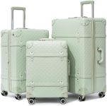 NZBZ Expandable Vintage Luggage Sets For Women Retro Luggage Set Handmade Vintage Suitcase Set with Leather Accents (Green Quilted, 20inch & 24inch & 28inch)