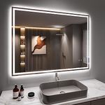 Dripex Bluetooth LED Bathroom Mirror with Shaver Socket, 500 * 700 MM Dimmable 3 Colors Illuminated Backlit Wall Mounted Bathroom Mirrors Anti-fog Vanity Mirror, Horizontal/Vertical