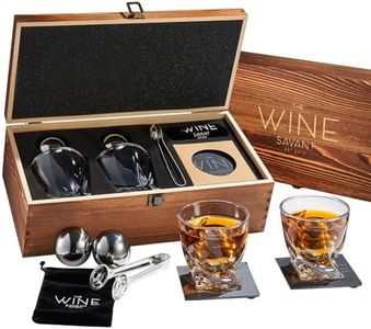 Luxurious Whiskey Stones & Glasses Gift Set - 2 XL Chilling Stainless Steel Whiskey Balls - 2x Crystal Whiskey Glasses, 2x Slate Stone Coasters, Freezer Pouch & Tongs - Set in Premium Pine Wood Box