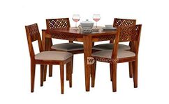 Driftingwood Maharaja Solid Sheesham Wood Dining Table 4 Seater | Wooden Four Seater Dinning Table With Cushion Chairs | Dinner Table 4 Seater | Dining Room Set Furniture | Self Assembly, Honey Finish