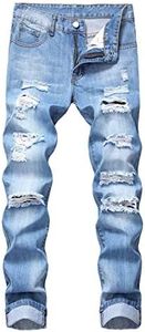 Men's Ripped Distressed Destroyed Slim Fit Straight Leg Denim Jeans - Blue - 28