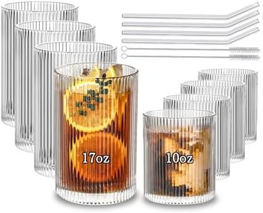 INSETLAN Set of 8 Ribbed Glassware - 4 Large Glasses 17 oz, 4 Rocks Glass Cups 10 oz, Vintage Glassware Cocktail Glasses, Ideal for Beer, Juice, Water, Ice Coffee Cup, Whiskey, Mixed Drinkware