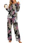 PrinStory Pajamas for Women Set Two Piece Pajama Set for Women Womens Pajamas Sets Long Sleeve (Big Leaf Pink L)