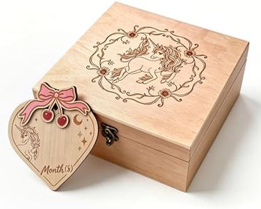 AIKEAIKESI Baby Keepsake Box & Birth Announcement Sign for Girls - Unicorn Wooden Memory Box with Double-Sided Milestone Disc & Monthly Milestone Signs, Newborn Hello World Photo Prop