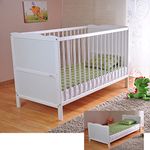 Marsell Baby Cot Bed with Aloe Vera Foam Mattress Tooth Rails and Height Adjustable White Convertible to Junior Bed