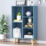 IOTXY Wooden Open Shelf Bookcase - 3 Tier Floor Standing Display Cabinet Rack with Legs, 5 Cube Kids Bookshelf, Bright Blue