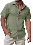 JMIERR Men's Short Sleeve Cotton Textured T-Shirts Button Up Shirts Spring Casual Hawaiian Shirts Business Dress Shirts Beach Shirt Old Money Clothes for Men B Green Large