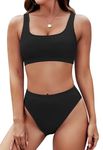 Pink Queen Women's Crop Top Scoop Neck High Waist Two Piece Swimsuit S Black