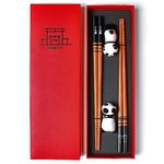 Nasakota Wooden Chopsticks Set 2 Pairs Reusable Chopsticks with Ceramic Panda Rest, Japanese Chinese Chop Sticks for Sushi, Ramen, Noodles, Rice