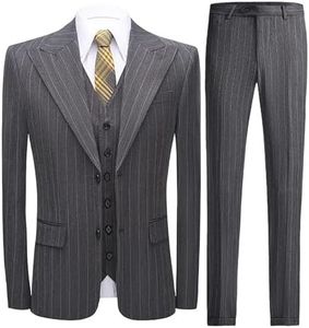 UNINUKOO Mens 3 Piece Suits Pinstripe Slim Fit Peak Lapel Formal Dinner Casual Wedding Tuxedo US Size XL Dark Grey Single