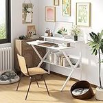 MEXIN 27'' Small Computer Desk, Home Office Desk for Small Space, Laptop Desk with Monitor & Storage Shelves, Modern Style Writing Desk for Home Bedroom Living Room, White