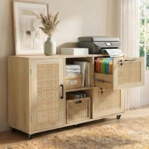 HOPUBUY 2 Drawer File Cabinet with Lock, Large Rattan Filing Cabinets with Door & Open Shelves,Wide Wood Rolling Office Storage Cabinet on Wheels for Home, Natural