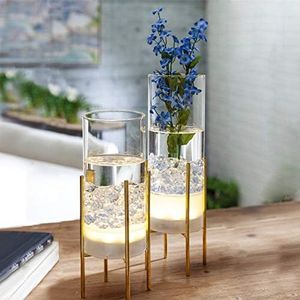 Flower Vase for Decor, Glass Table Vase Set, Clear Vase with Gold Stand, Modern Decorative with Timer LED Lights Battery Operated, Centerpiece/Wedding/Party (Set of 2)