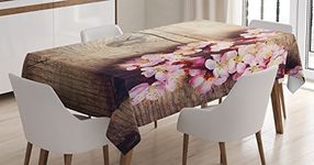 Ambesonne Floral Tablecloth, Spring Blossom on Wooden Table Romantic Natural Farmhouse Countryside Style Print, Dining Room Kitchen Rectangular Table Cover, 52" X 70", Brown Pink