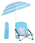 WGOS Beach Chair Low Beach Chair Beach Chairs for Adults Beach Chair with Umbrella Folding Chair Detachable SPF 50+ Umbrella, Armrests, Cup Holder, Portable Sand Chair for Beach (1-Pack Blue)