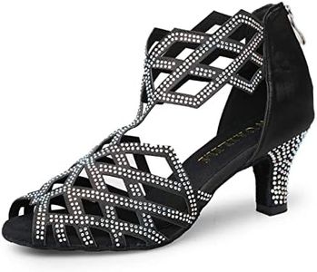 WUAILIM Women's Ballroom Rhinestone Dance Shoes, Latin Salsa Bachata Practice Performance Dancer Shoes, Black-2.75 Inch Heels, 10 US