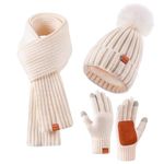 Winter Scarf for Women Beanie Hat Neck Warm Scarf and Touchscreen Gloves Set 3PCS, White, One Size-X-Large