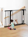 COMOMY 75-110cm Stair Gate for Baby, Auto Close Dog Gates Indoor, Pressure Fit Child Safety Gate for Doorway, Wide Pet Gate with Door for the House, Metal Gate with Extensions (76cm Tall, Black)