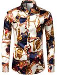 PARKLEES Men's Casual Luxury Printed Silk Like Satin Button Down Dress Shirt for Party Wedding PZLCL11 Beige L