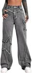 Kedera Women's Wide Leg Denim Pants Teen Star Raw Edge Baggy Trousers High Waisted Boyfriend Y2K Jeans Girls Fashion Grey