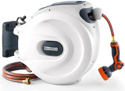 Blütezeit Retractable Garden Hose Reel, 1/2'' x 65ft Hose Reel Wall-Mount with 10-Function Spray Nozzle, Any Length Lock | 180° Swivel | Automatic Slow Rewind | Heavy Duty