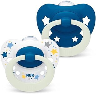 NUK Signature Night Baby Dummy | 6-18 Months | Soothes 95% of Babies | Heart-Shaped BPA-Free Silicone Pacifiers | Glow-in-The-Dark | Includes Case | Blue Stars | 2 Count